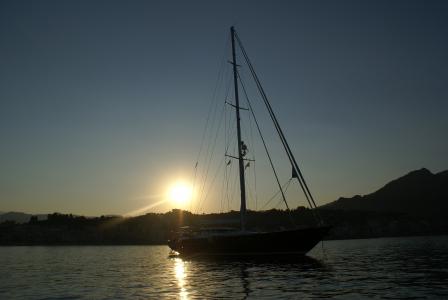 日落, 景观, 陶尔米纳, 小船, 船舶, 传统, 海