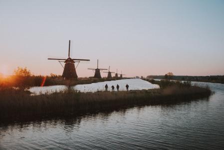 风车, 公园, 荷兰, 具有里程碑意义, 旅行, 户外, 河