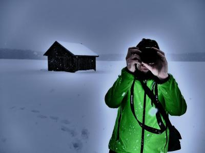 摄影师, 照片, 小屋, 规模, 木材, 小木屋, 雪