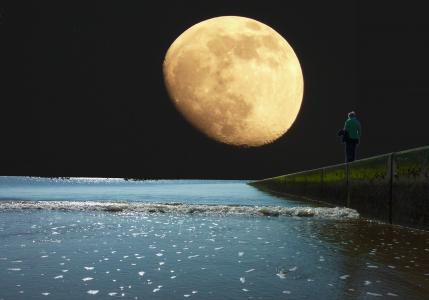 海, 月亮, 晚上, 晚上, 天空, 水, 湖