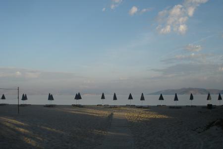 海滩, 早上, 日出, 假日, 遮阳伞, 海, 希腊