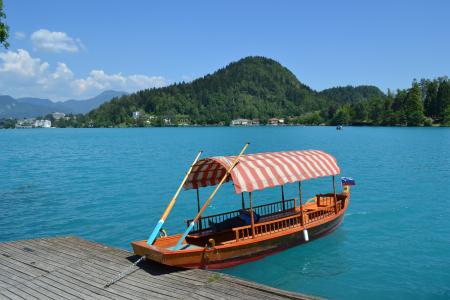 八月, 布莱德, 小船, 梯子, 蓝色的水, 斯洛文尼亚