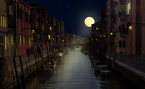 威尼斯, 晚上, 通道, 假日, 浪漫, 光, 月亮
