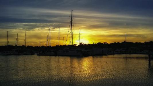 日落, 景观, 海洋, 克罗纳拉, 澳大利亚, 港口, 小船