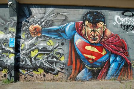 超人, 涂鸦, 墙上, 艺术, 壁画, 绘画, 公共