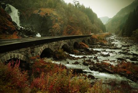 挪威, 秋天, 性质, 瀑布, 景观, 水, 山