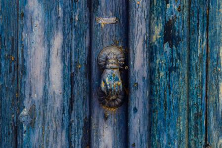 旧门, 木制, 蓝色, 门环, 年龄, 生锈, 风化