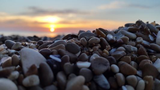 海滩, 日落, 岩石