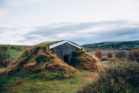 在象草的小山的冰岛小屋