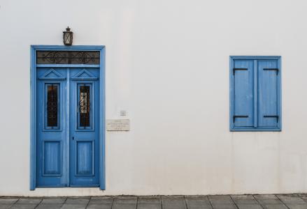 门, 窗口, 木制, 蓝色, 入口, 白色, 墙上