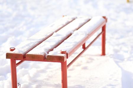 板凳, 红色, 冬天, 雪, 冬日清晨