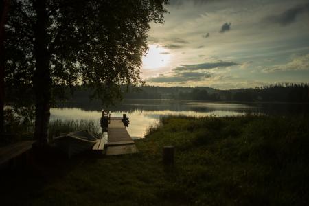 码头, 湖, 海滩, 日落, 太阳, 在芬兰的湖
