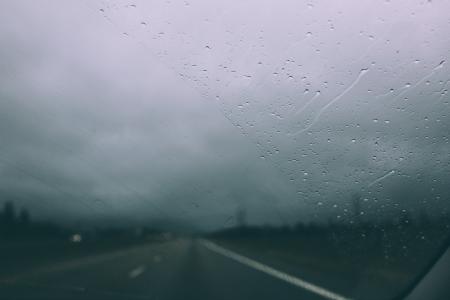 汽车, 挡风玻璃, 雨滴, 驾驶, 公路, 道路, 下着雨