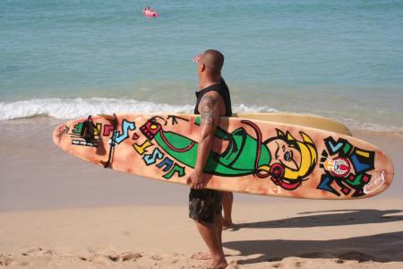 冲浪者, 彩绘冲浪板, 夏威夷, 瓦胡岛, 檀香山, 威基基海滩