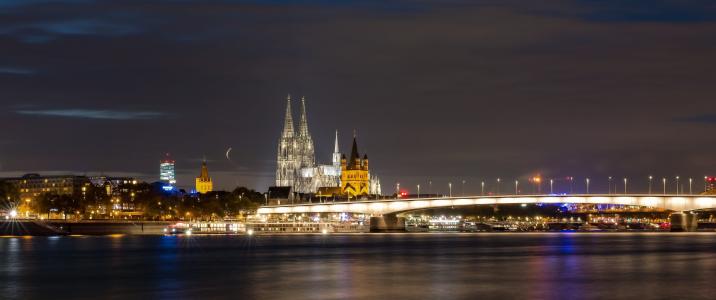 dom, 科隆, 具有里程碑意义, 莱茵河, 晚上, 科隆大教堂, 教会
