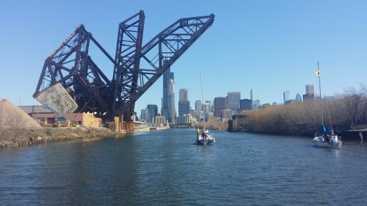 桥梁, 芝加哥, 建筑, 河, 城市, 现代, 小船