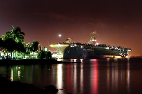 珍珠港, 夏威夷, 船舶, 航空母舰, 海军, 军事, 晚上