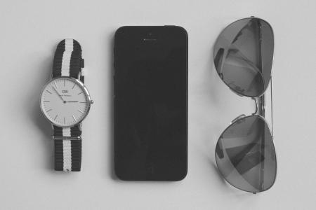 手表, 太阳镜, 配件, iphone, 移动, 技术, 黑色和白色