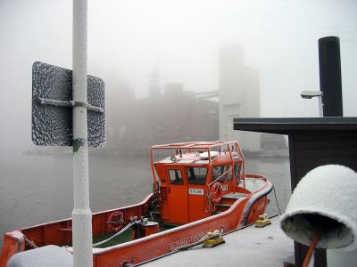 启动, 冬天, 雾, 端口, 红色, 航海的船只