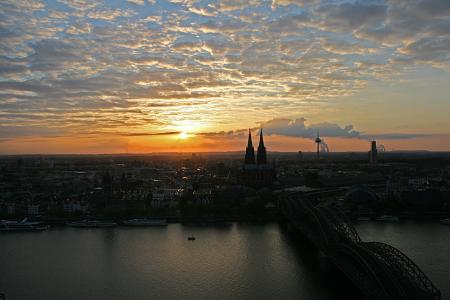 科隆, 莱茵河, deutzer 桥, 科隆大教堂, 日落, 莱茵河船, 河