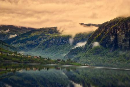 挪威, 山脉, 视图, 自然, 景观, 云彩, 海