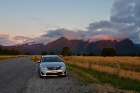 日落, 新西兰, 风景, 道路, 汽车, 云计算, 山