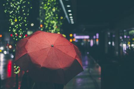 人, 使用, 红色, 雨伞, 行走, 街道, 字符串