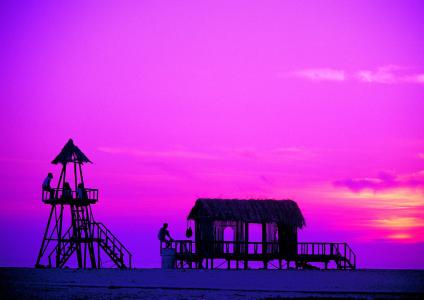 海滩, 日落, 救生员塔, 紫色, 粉色, 海, 假期