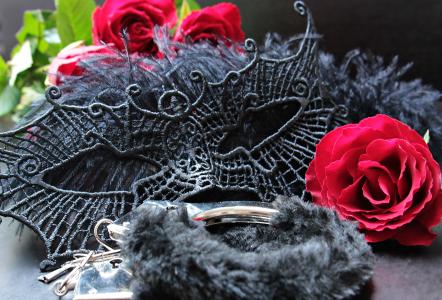 面具, 手铐, 玫瑰, 红玫瑰, 红色, 黑色, 黑色面罩