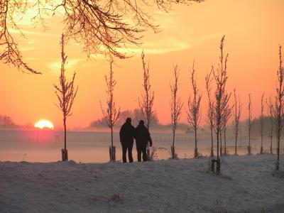 冬天, 徒步旅行, 雪, 冰, 日落