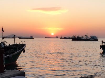 日落, 海港, 渔船