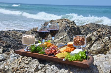 奶酪拼盘, 食品, 波, 葡萄酒, 海, 海滩, 食物和饮料