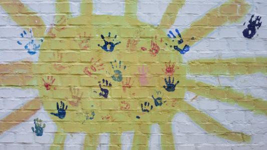太阳, 墙上, 手, 孩子的手, 手印, 新光, 打印