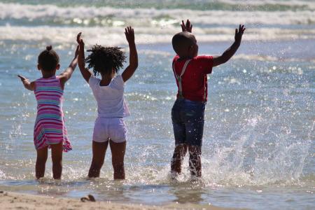 儿童, 南非, 水, 注入, 海滩, 海, 黑色