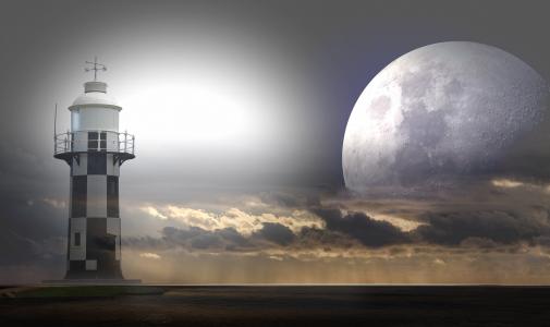 灯塔, 月亮, 海, 云彩, 光, 神秘, 满月