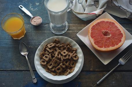 麦片, 纤维, 早餐, 葡萄柚, 果汁, 牛奶, 表