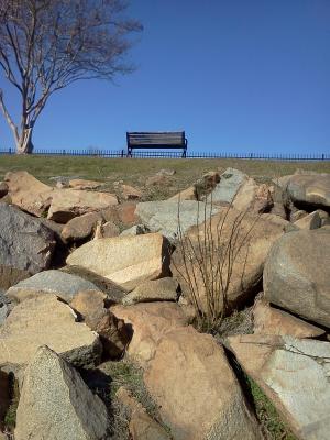 公园, 板凳, 岩石, 石头, 户外, 蓝色, 天空