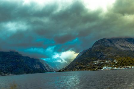 山脉, 挪威, 自然, 视图, 海, 景观, 云彩