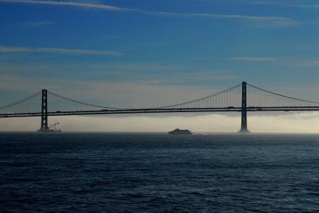 三藩市, 海湾的桥, 桥梁, 雾, 水, 天星渡轮码头, 早上
