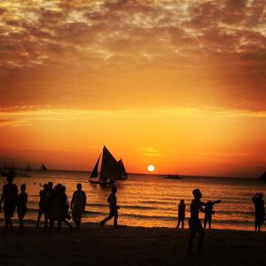 长滩岛, 菲律宾, 日落, 帆船, 橙色的天空