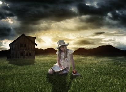 草甸, 小女孩, 黑暗, 书, 苹果, 帽子, 童话故事