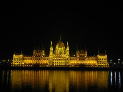 布达佩斯, 匈牙利, 议会, 在晚上, 建设, 河, 多瑙河