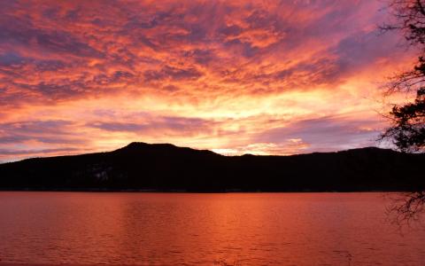 canim 湖, 不列颠哥伦比亚省, 加拿大, 日出, 红色, 早上, 天空