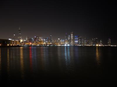 芝加哥之夜, 密歇根湖, 反思, 天际线, 芝加哥, 城市, 市中心