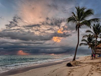 地处热带的海滩, 日出, 棕榈树, 沙子, 水, 海洋, 海景