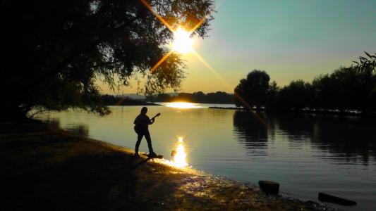 abendstimmung, 吉他手, 莱茵河, 河, 水域, 景观, 心情