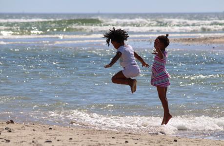 儿童, 跳转, 南非, 海滩, 女孩, 跃点, 海