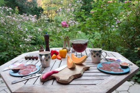 表, 早餐, 花园, 在, 夏季, 封面, 三通
