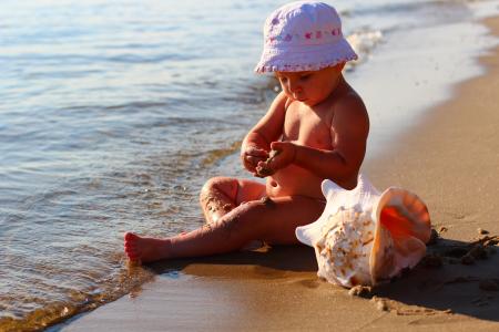 孩子们, 海, 海滩, 快乐, 假, 帽, 贝壳