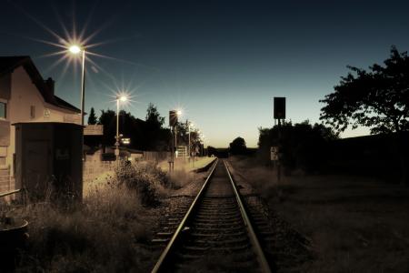 gleise, 火车站, 日落, 铁路, 似乎, 照明